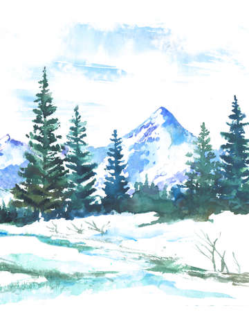 Watercolor landscape with firs and mountains. Winter nature backgroundの写真素材