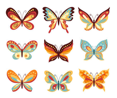 Set of vector cartoon butterflies on white. Various shapes of wings of butterfly and decoration on them.のイラスト素材