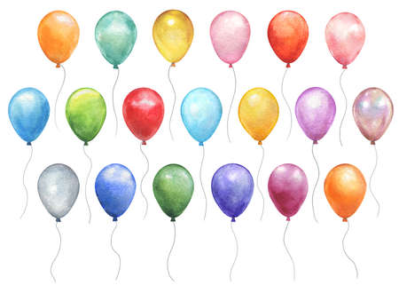 Watercolor colorful holiday sketch realistic balloons set closeup isolated on white background. Hand painting on paperの写真素材