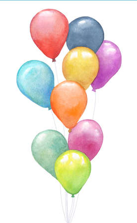 Watercolor colorful holiday bunch of balloons closeup isolated on white background. Hand painting on paperの写真素材