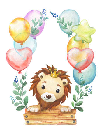watercolor cartoon lion with frame made of balloons flowers and leaves. hand drawn illustrationの写真素材
