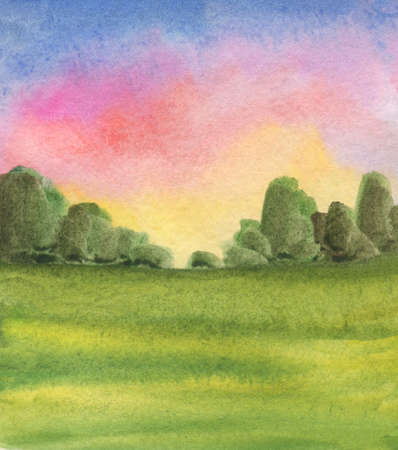 Abstract watercolor landscape background with sunrise colors, trees, green grass field. Handmade illustrationの写真素材