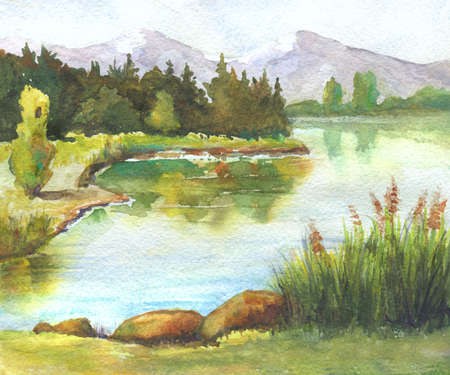 River with reeds, trees reflection watercolor landscape handmade illustrationの写真素材