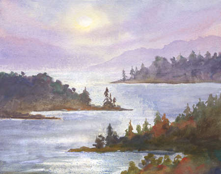 watercolor landscape with lake or river, distant trees, morning sun. travel or hiking theme illustrationの写真素材