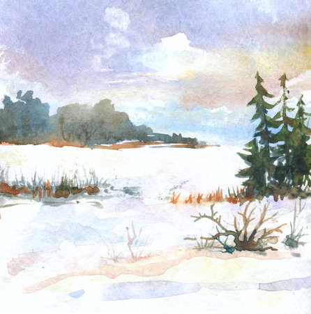 watercolor winter landscape with fir trees, distant clouds. hand drawn illustrationの写真素材