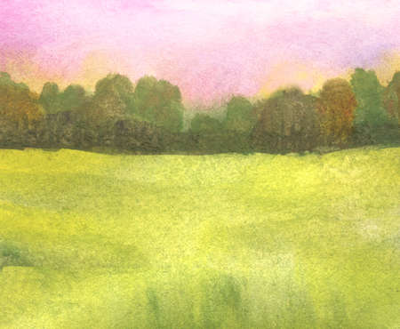 sunrise abstract watercolor landscape with green grass field, pink sky and distant treesの写真素材