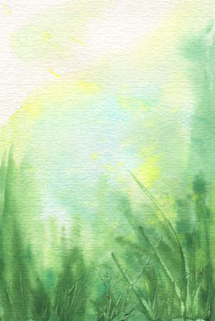abstract watercolor vertical background with green grass and blue skyの写真素材
