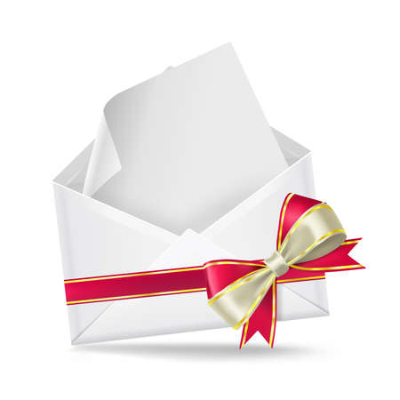 Open envelope with greeting blank card, golden with red bow realistic vector illustration.のイラスト素材