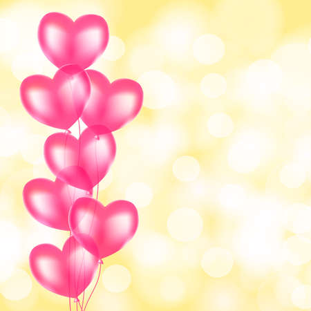 Pink balloons with heart shape over light golden glittering with bokeh background. Romantic, love, event, celebration holiday background vector illustrationのイラスト素材