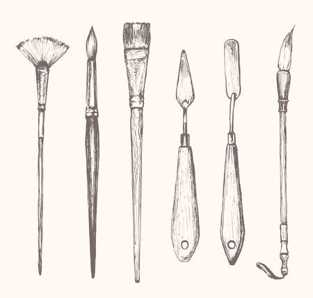 painting brushes set, palette knives sketch drawing on white. arts and creativity objects setのイラスト素材