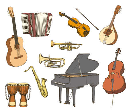 Hand drawn set of acoustic musical instruments. vector illustrationのイラスト素材