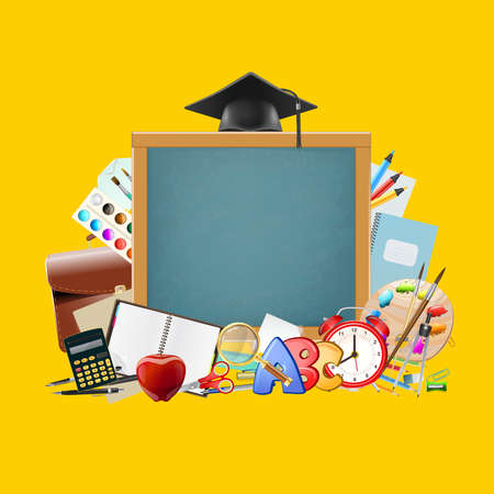 School background with board and various school items. vector illustrationのイラスト素材