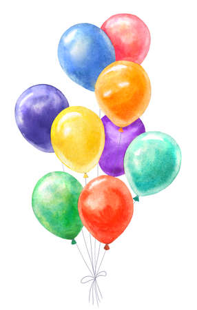 Bunch of colorful watercolor balloons isolated on white. Group of bright holiday balloons hand drawn illustrationの写真素材