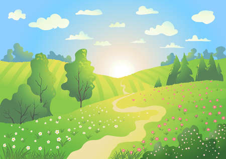 Spring or summer season rural landscapevector cartoon illustration with rising sun, hills with flowers, bushes and trees and blue skyのイラスト素材