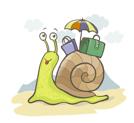 Cartoon snail drawing with umbrella, luggage and happy smile. Travel funny illustrationのイラスト素材