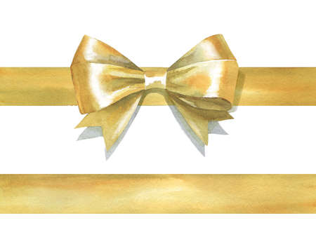 Holiday golden bow isolated on white background. Watercolor illustration of ribbon knotの写真素材