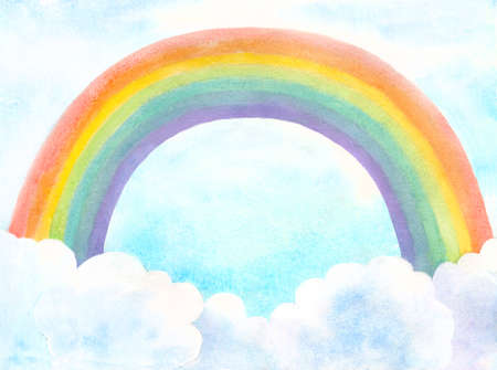 Rainbow in blue sky with clouds on paper texture background original hand painted watercolor illustrationの写真素材