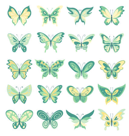 Set of cartoon butterflies in greenish colors. Vector illustrationのイラスト素材