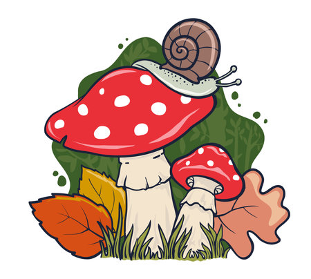 Mushroom and snail cartoon vector drawing with autumn leaves and colorsのイラスト素材
