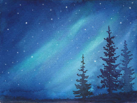 Watercolor illustration of peaceful blue spruce trees under northern lights and night starry sky, background for creative design, print, winter greeting card, hand drawn water color drawing .の写真素材