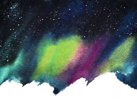 watercolor colorful illustration of northern lights over night sky with stars and white snowy hills. watercolor nature background illustrationの写真素材