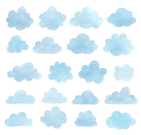 Set of watercolor clouds isolated on white. Cartoon style watercolor illustrationの写真素材