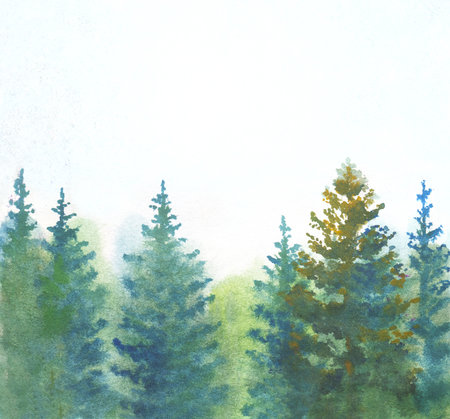 Watercolor landscape with fir trees. Spruces trees made in watercolor loose style. Nature background hand drawn illustrationの写真素材