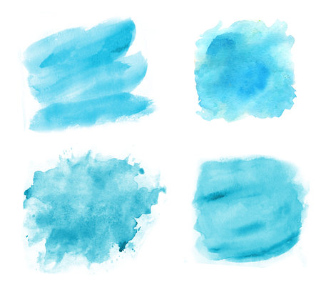 Set of watercolor splashes on white, light blue turquoise colorの写真素材