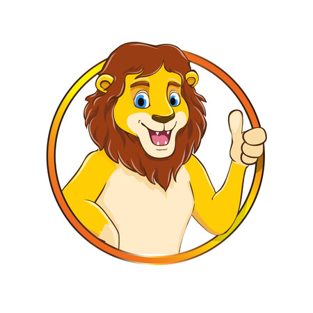 Cartoon lion smiling with thumbs up in a circle as character mascot, vector illustrationのイラスト素材