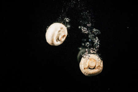 Fresh white mushrooms fall in water on black backgroundの写真素材