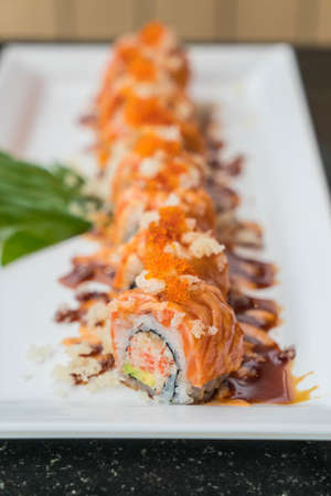 salmon sushi rollsの写真素材