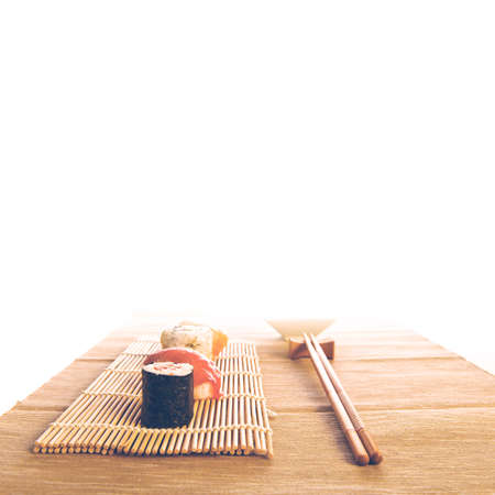 Maki Sushi set on wooden backgroundの写真素材