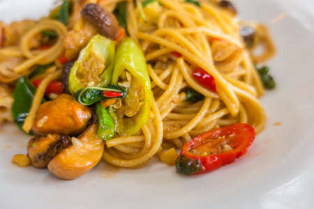 spicy spaghetti with seafood .の写真素材