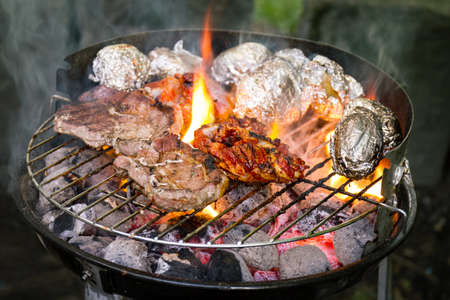 Tasty fresh appetizing meat beef on grill cooking on open fire on grill grid. Nature Background. Closeup.の写真素材