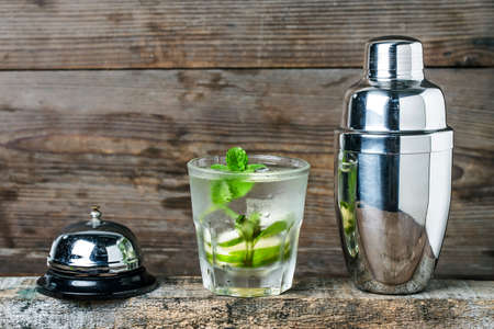 Mojito cocktail in a bur on a rustic table, selective focusの写真素材