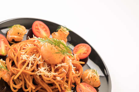 spaghetti with shrimpの写真素材