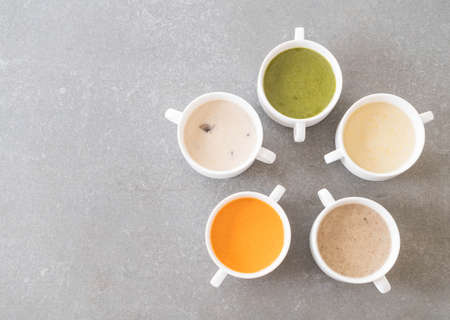 spinach, carrot, mushroom, corn soupsの写真素材