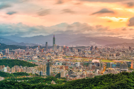 City of Taipei skyline at twilight in Taiwanの写真素材