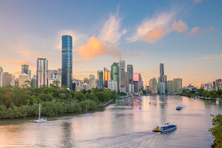 Brisbane city skyline and Brisbane river at twilight in Australiaの写真素材