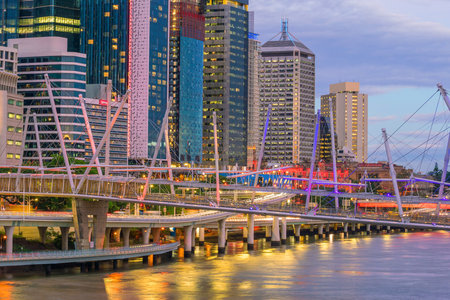 Brisbane city skyline and Brisbane river at twilight in Australiaの写真素材