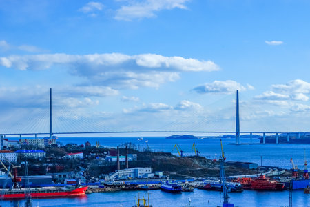 Cityscape with views of the port and the Russian bridge. Vladivostok, Russiaの写真素材