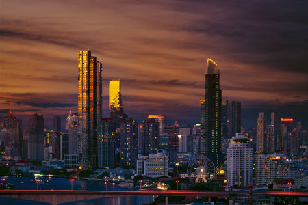 amazing view of twilight sunset bangkok cityscape and giant swing landmark of thailand