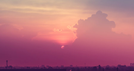 Contour of skyscrapers, panorama of the city. sunset backgroundの写真素材