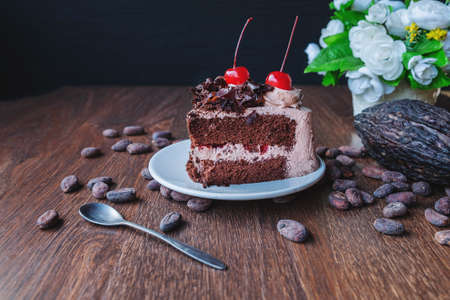 Chocolate cake and cocoa beans for making chocolateの写真素材