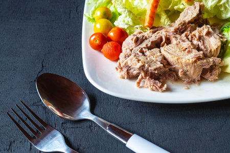 Healthy tuna and vegetables in a plate on the tableの写真素材