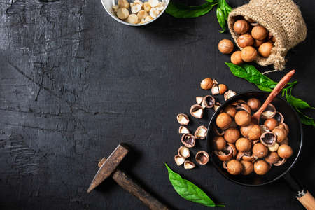 Macadamia nut on a black wood background.