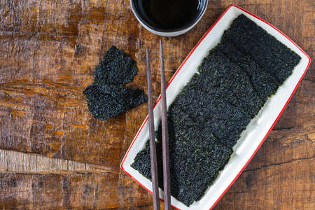 .Dried seaweed On the wood backgroundの写真素材