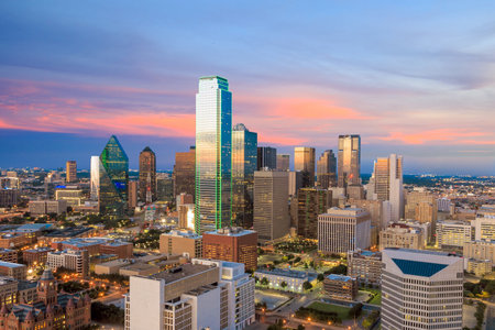 Dallas, Texas cityscape with blue sky at sunset, Texasの写真素材