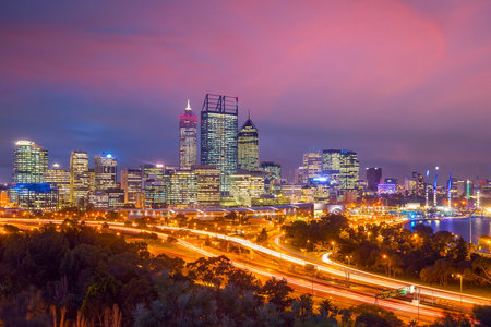 Downtown Perth skyline in Australia at twilightの写真素材