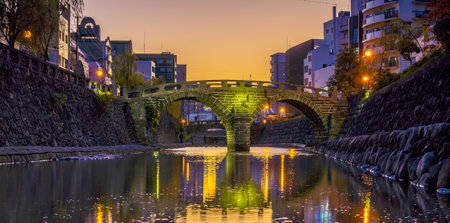 Nagasaki city downtown skyline cityscape with Megane Spectacles Bridge in Kyushu Japanの写真素材